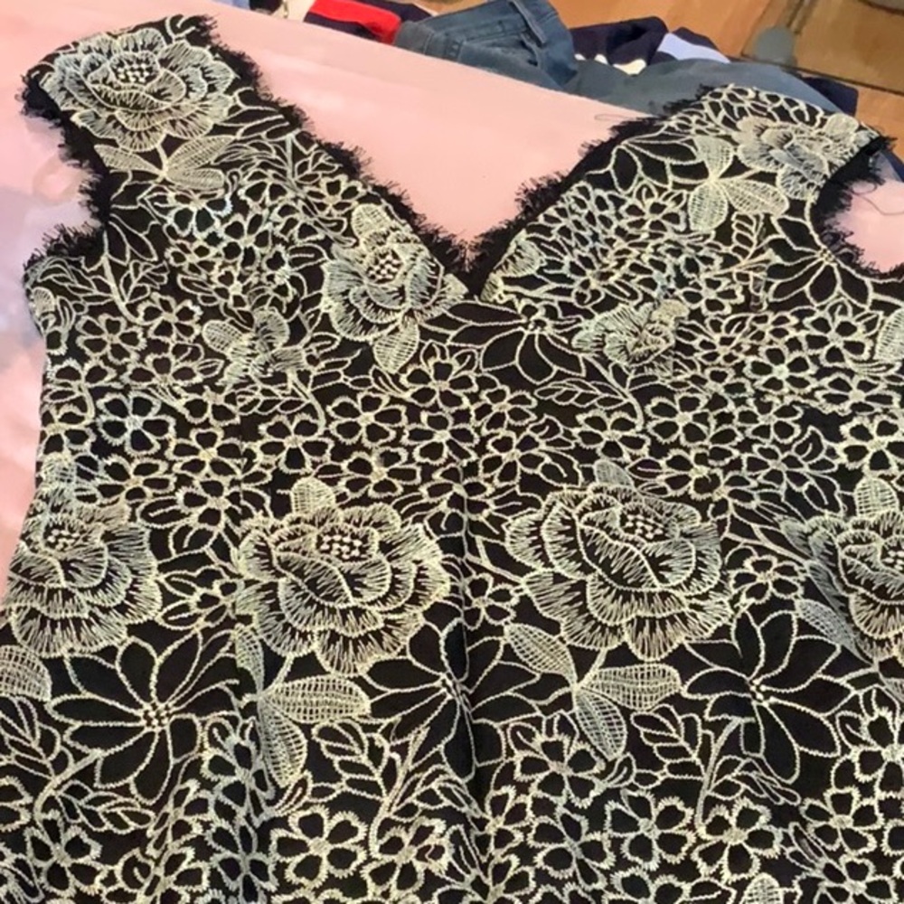NWT MARINA Sz 14 Black Lace Sleeveless Dress w/ Ivory Floral Embroidery Z46